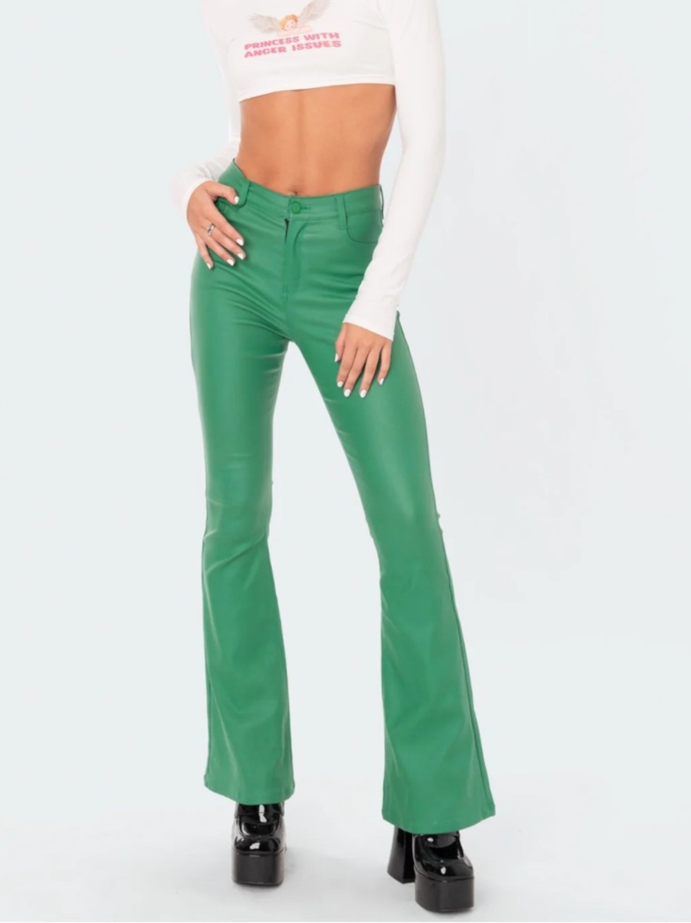 Edikted Green Luna Faux Leather Mid Rise Flared Pants Size S Like New
